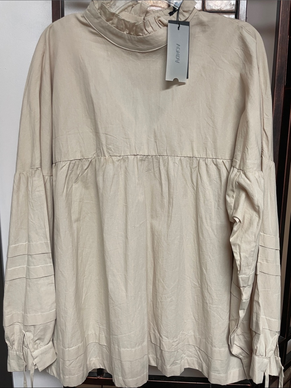 Peasant Tunic Blouse in Cream - Relaxed Long Sleeve Top
